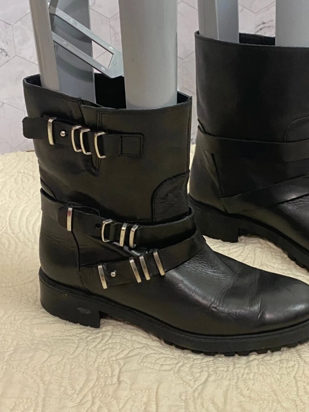 ZARA Black Harness Moto Boots Silver Hardware Edgy Biker Size 41